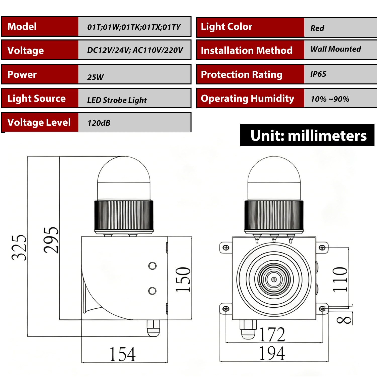 Bocina de señalización Industrial, Requiere instalación Cableada 01TY-AC220V | Bocina multitono ajustable de 120 dB, diseño para montaje en pared, ideal para talleres y astilleros