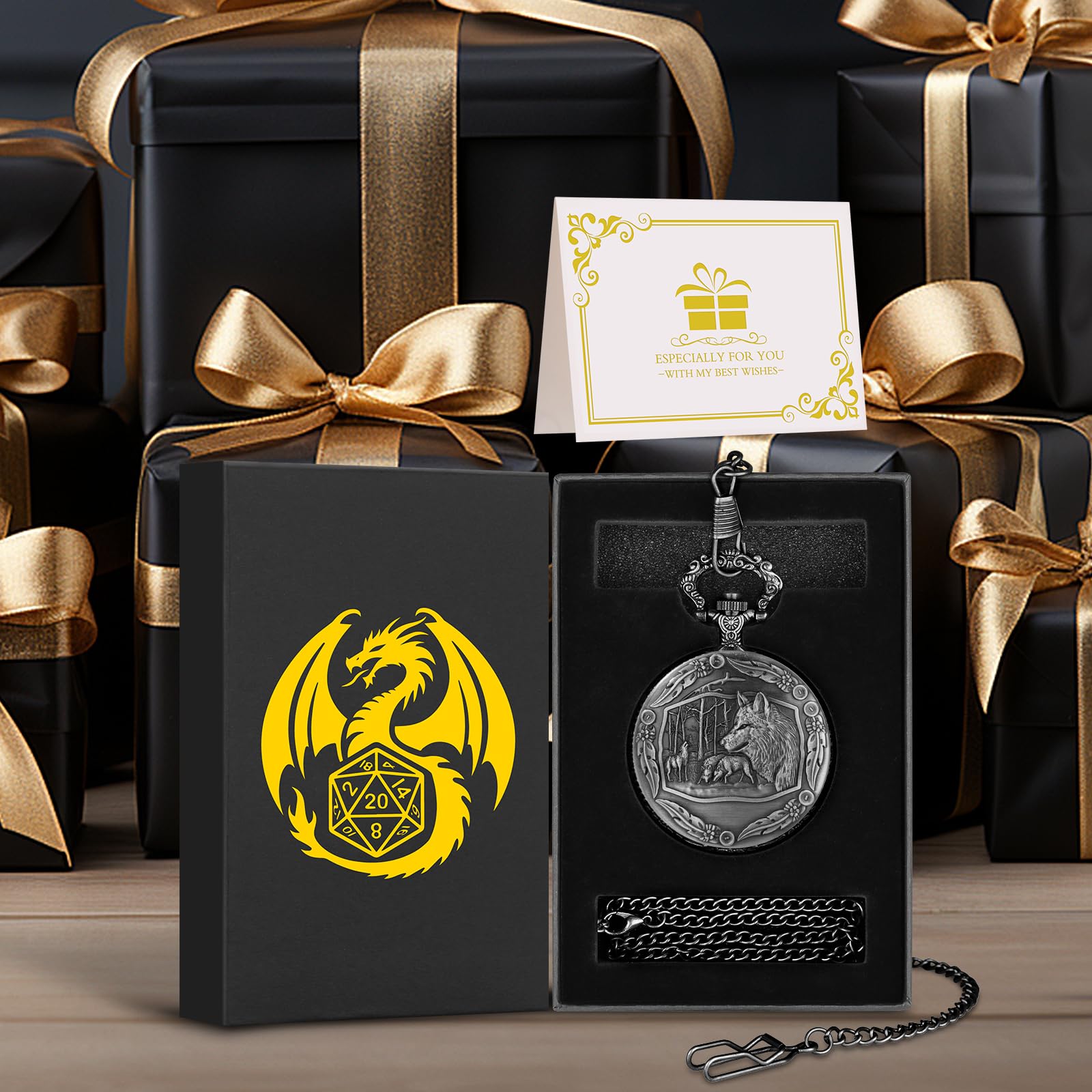 Ulikey Mini Dés DND Métal – 7 Dés Polyédriques + Montre Poche Loup – Coffret Cadeau