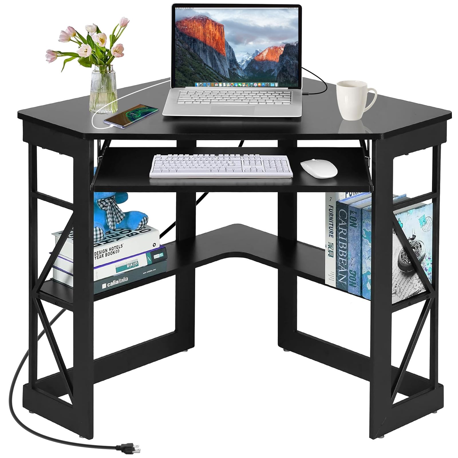 VECELO triangle corner computer desk with charging station and keyboard tray in black