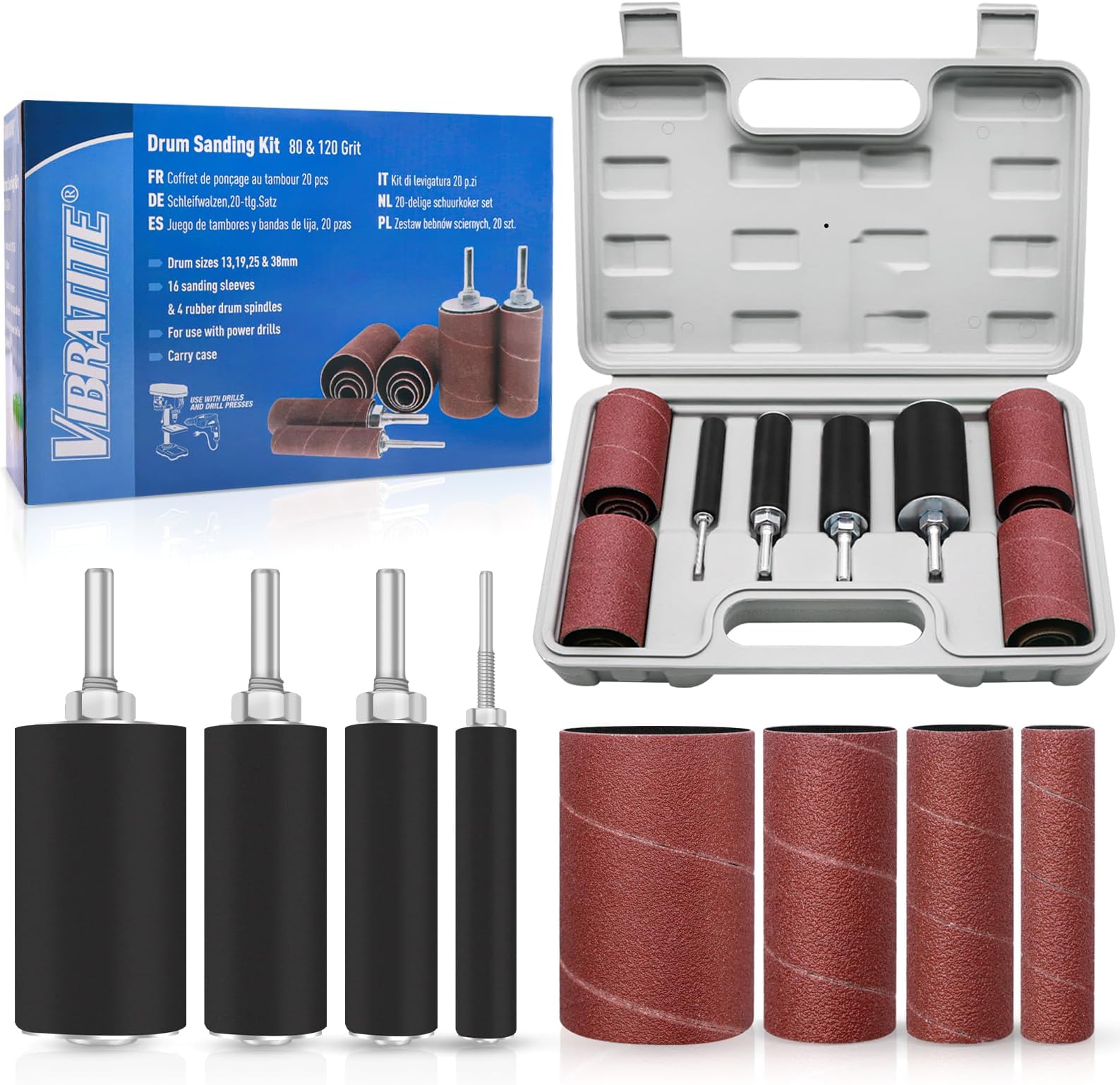 VIBRATITE 20 Pieces Sanding Drum Kit - 80 and 120 Grit Long Spindle Sandpaper Roll Sleeves with Tool Carrying Case for Rotary Tools, Power Drill, Woodworking, Paint, Metal Surfaces Polishing Jobs