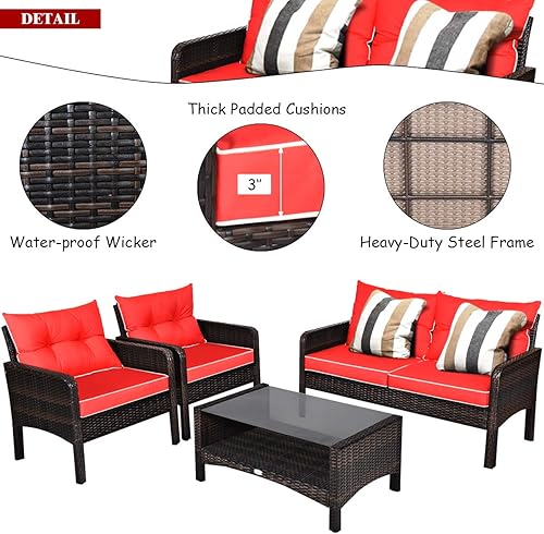 Miniatura 6 de COSTWAY Juego de muebles de patio de 4 piezas, sofá modular de mimbre con cojín, sofá biplaza, mesa de centro con vidrio templado y estante, juegos
