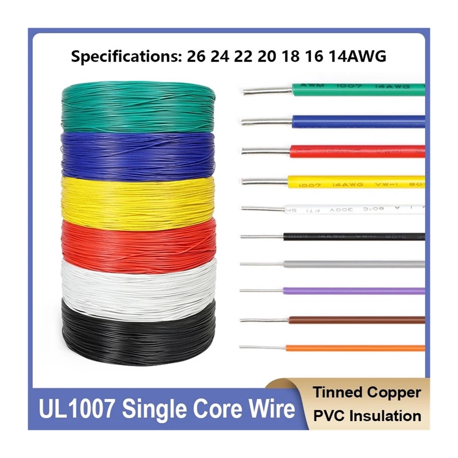 Cable de Cobre de un Solo núcleo UL1007 de 10M 26 24 22 20 18 16 14AWG Línea de Cable electrónico de Revestimiento estañado sólido con Aislamiento de PVC(Red 10m,16AWG)