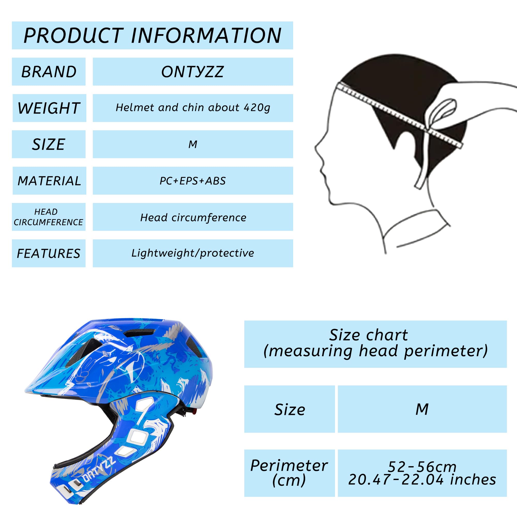 ONTYZZ Kids Bicycle Helmet Kids Lightweight Toddler Mountain Full Bike Helmet Adjustable Safety Full Face Helmet for Skating Cycling Scooter, Blue and White