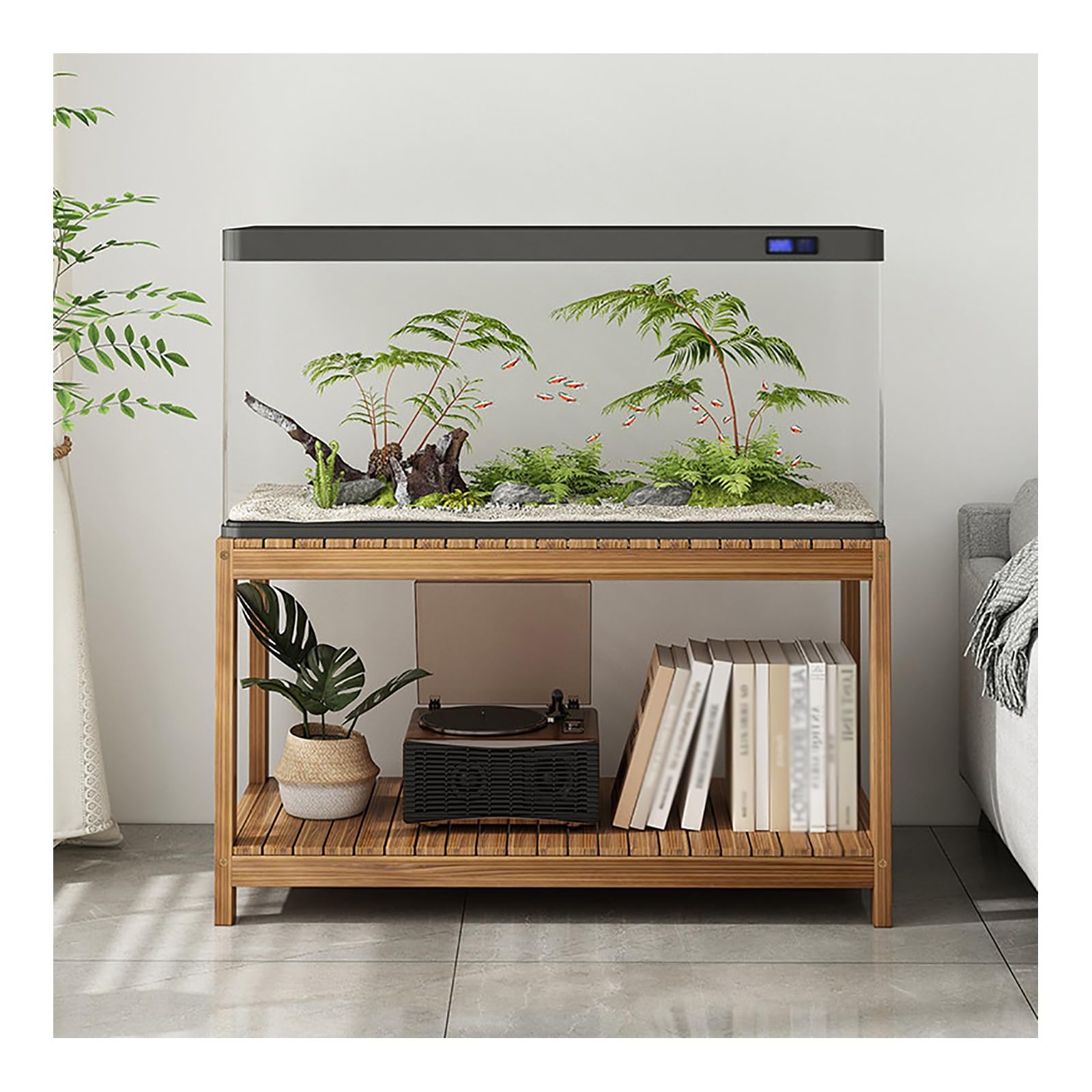 Soporte de madera for pecera con diseño reforzado de almacenamiento de