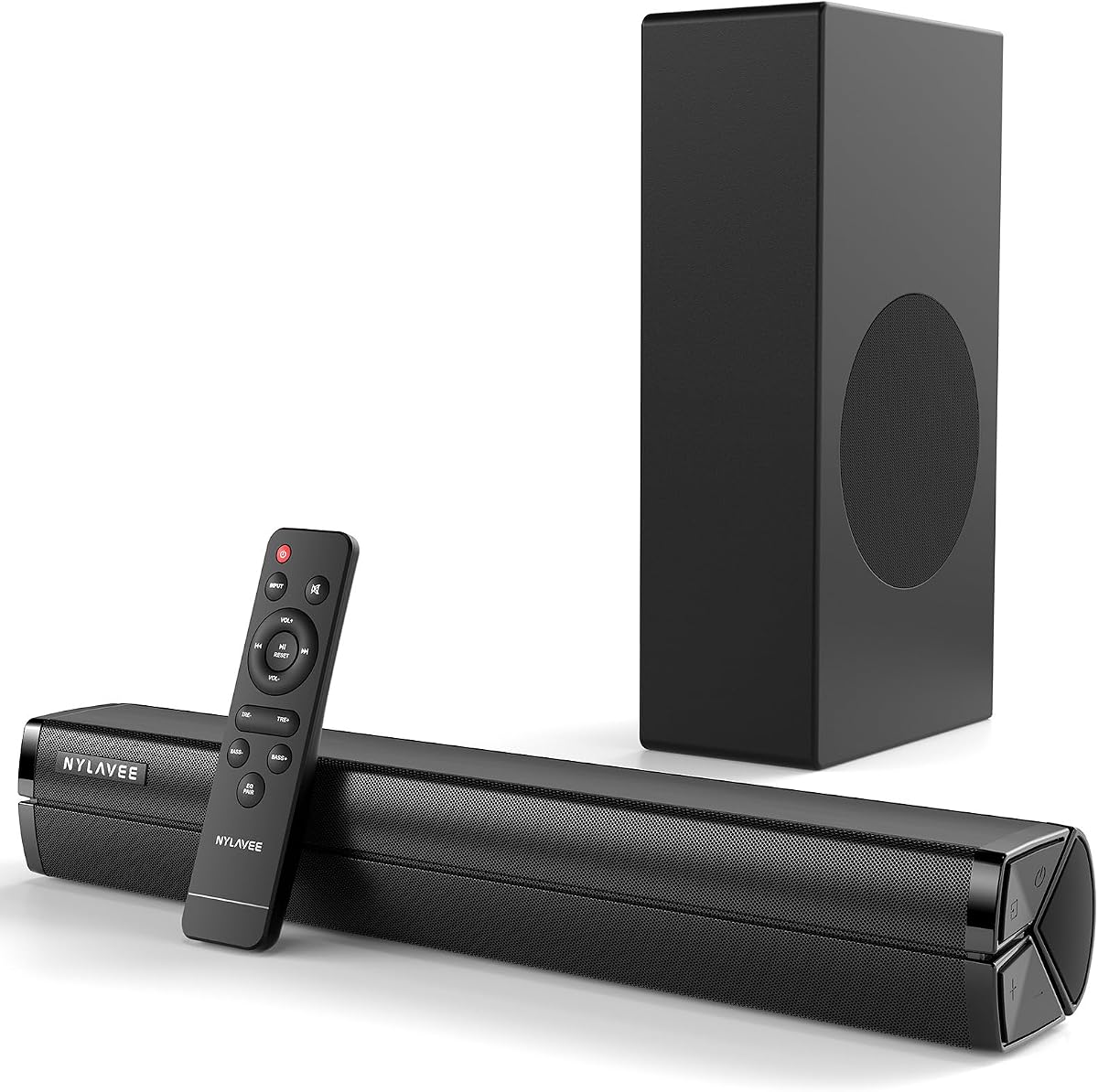 Nylavee Barra de sonido: barra de sonido estéreo de alta fidelidad con subwoofer, potencia máxima de 80 W, refuerzo de graves profundos, barra de sonido Bluetooth pequeña de 16 pulgadas con HDMI-ARC, coaxial, conexión AUX para TV, computadora, proyector