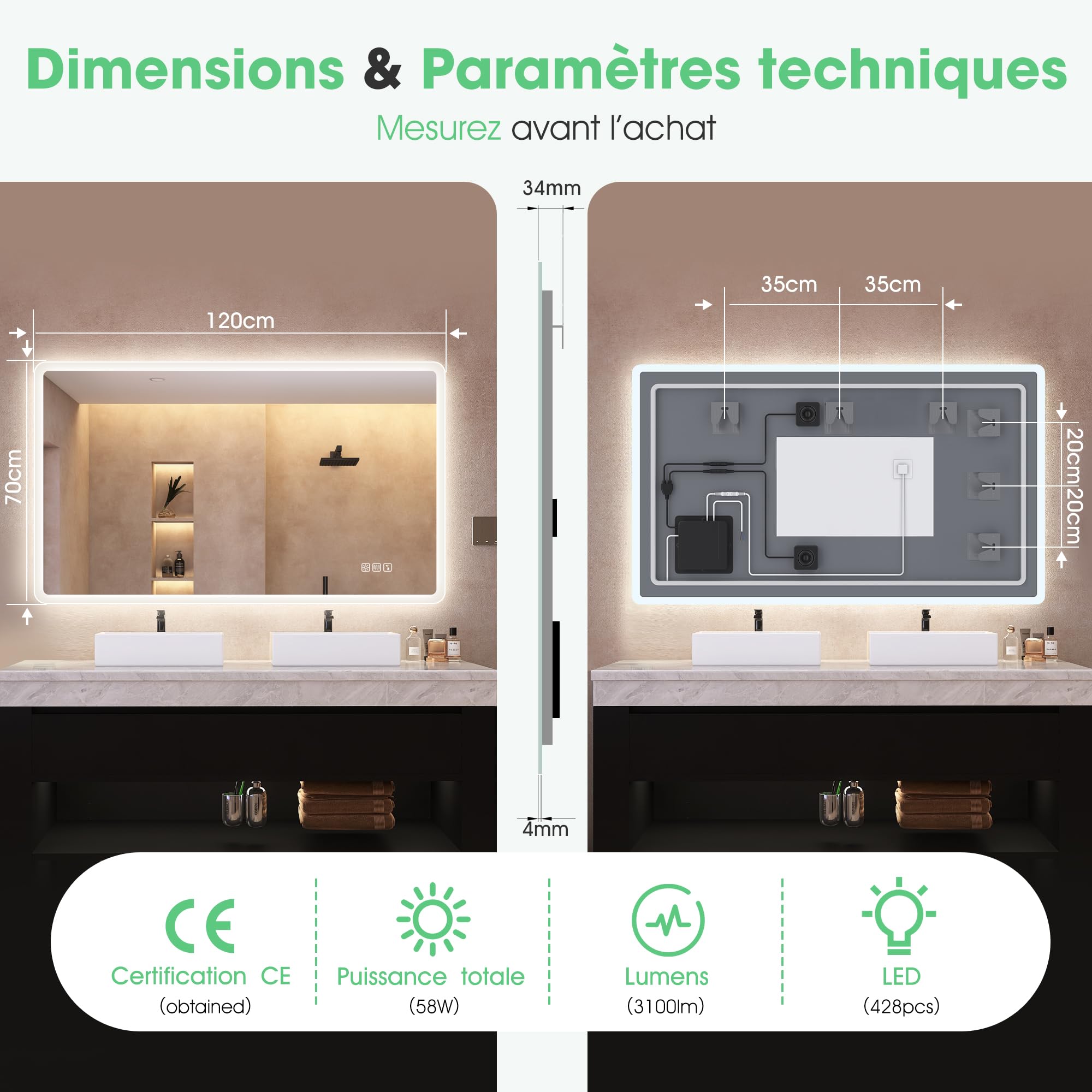 S'bagno Miroir-Salle-de-Bain-avec-Eclairage 120x70cm, Miroir-LED-Lumineux-avec-Bluetooth, Anti-buée, 3 Couleurs, Dimmable, Mémoire, Verre Trempé HD, Étanche IP44, Horizontal/Vertical