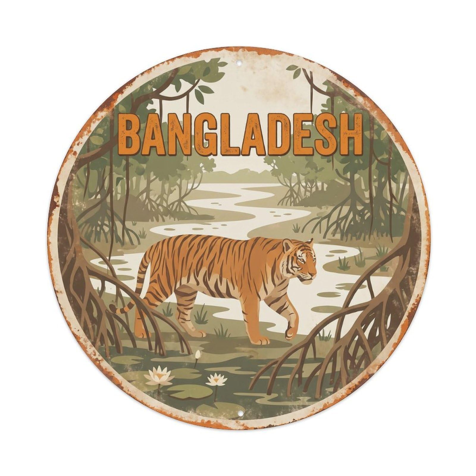 Yrnq 8X8inch Vintage Style Bangladesh Bengal Tiger Mangrove Metal Tin Sign