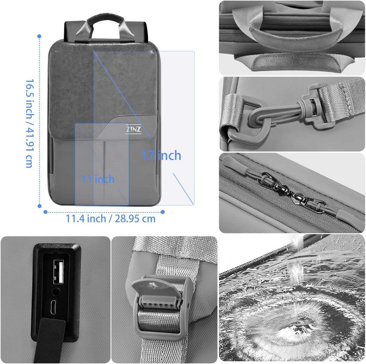 ZINZ Slim & Expandable Laptop Backpack 15.6 16 17 inch Travel Business Backpack Water-Resistant Daypack for Men and Women,Grey - Image 5