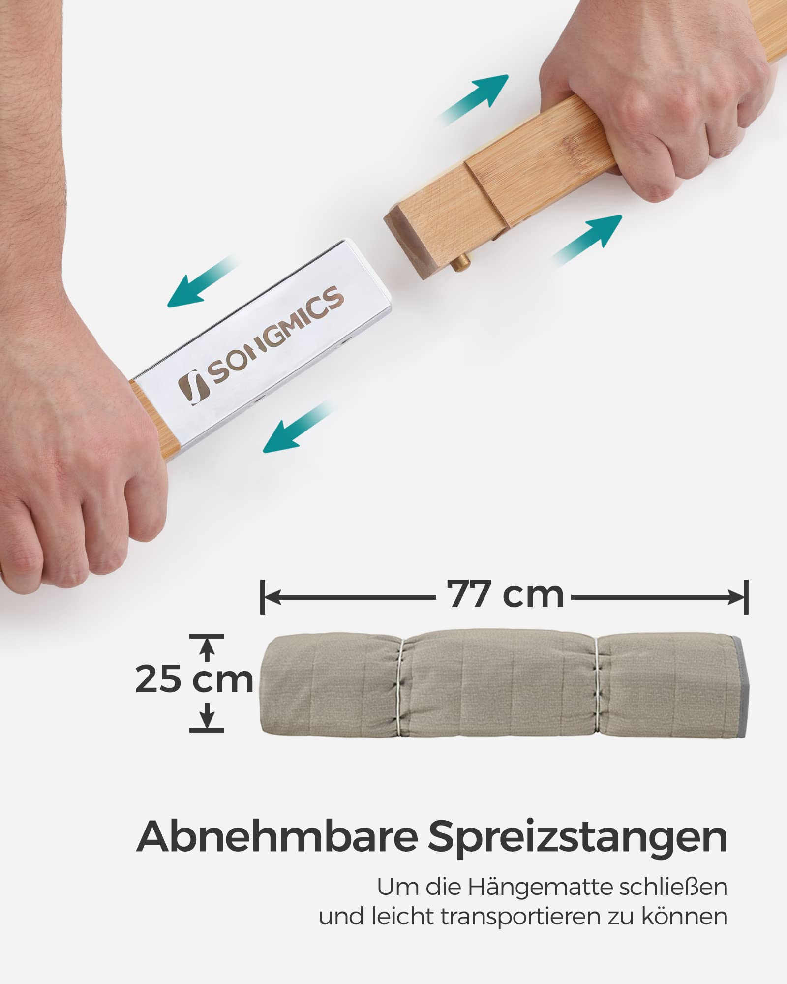 SONGMICS Hängematte für 2 Personen, gepolstert, Outdoor Hängematte mit trennbaren Bambusstangen, Camping-Hängematte mit Kissen, 200 x 140 cm, max. 225 kg belastbar, grau-beige GDC34CG