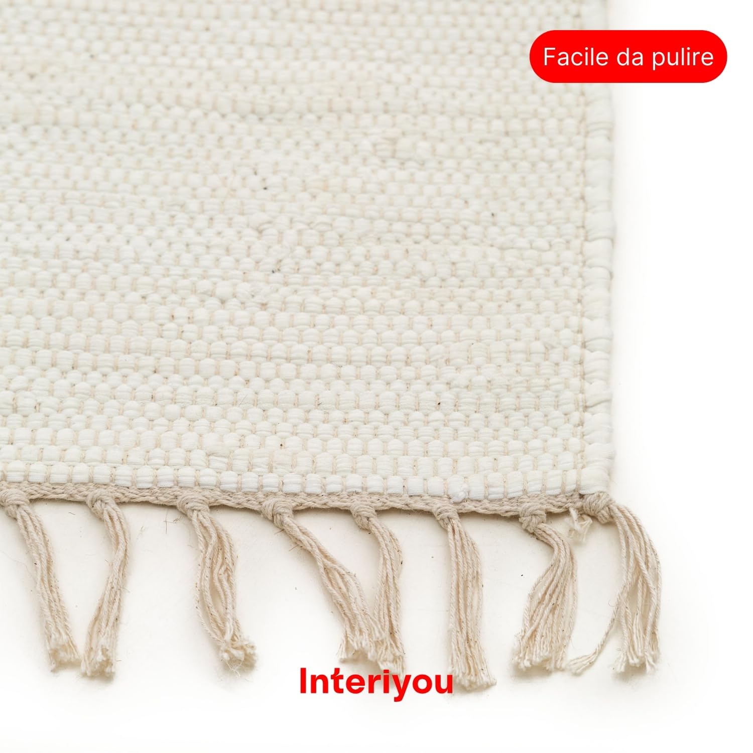Interiyou Tappeto cotone Toledo - 70x200 cm Bianco - Tessuto artigianale con frange per salotto, camera, stanza bambini, pranzo, cucina o corridoio