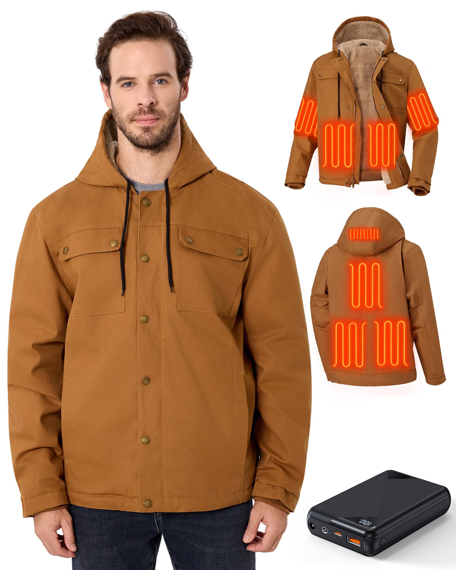 Heated Jackets for Men with 12V 18400mAh Battery Pack Included, Mens Heated Jacket Hooded Coat for Outdoor