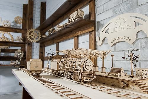Miniatura 3 de Ugears Bundle 3 en 1, Locomotora + plataforma ferroviaria + carriles mecánicos rompecabezas 3D, rompecabezas eco-amigable, regalo para armar uno