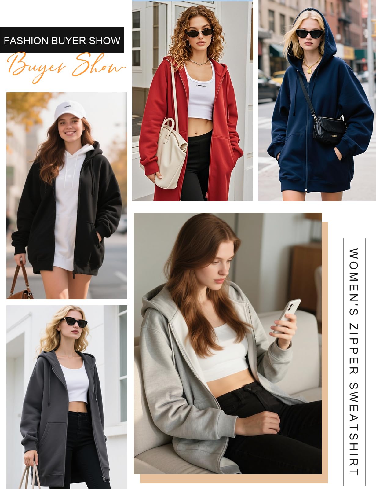 Vancavoo Sudadera Larga Mujer con Capucha y Cremallera Chaqueta Otoño | Sweatshirt Casual, Chaqueta Algodón con Felpa Ligera, Manga Raglán, Cremallera Doble y Bolsillos Laterales