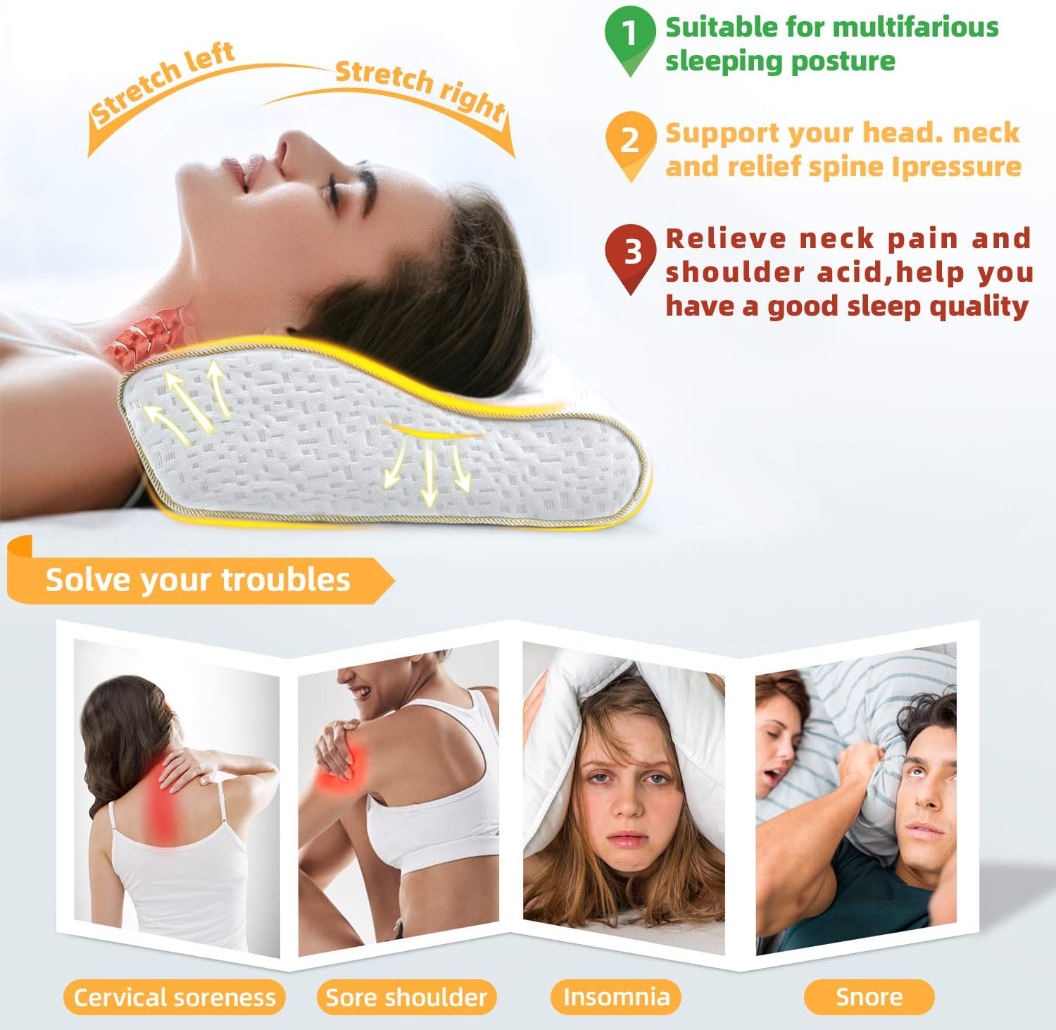 Cervical Memory Foam Pillow with Silky Super-Breathable Pillow Cover Ergonomic Contour Neck Pillow for Neck Pain Relief, Orthopedic Sleeping Bed Pillow for Side Back Stomach Sleepers