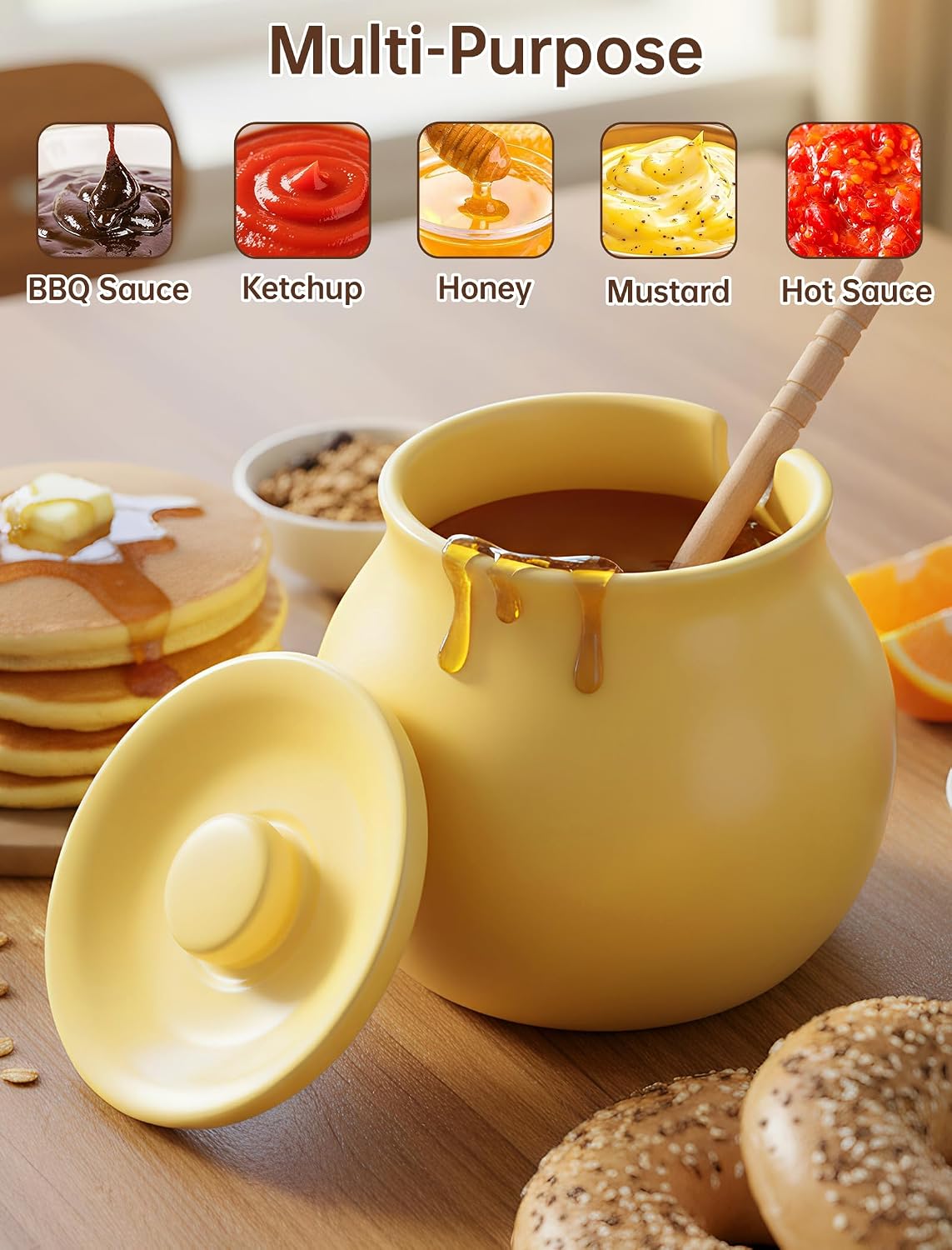 NiHome Ceramic Honey Jar with Dipper - 13.5 oz Dishwasher-Safe & Heat-Resistant Honey Container, Multi-Purpose Pot for Syrup, Agave, Melted Chocolate & More