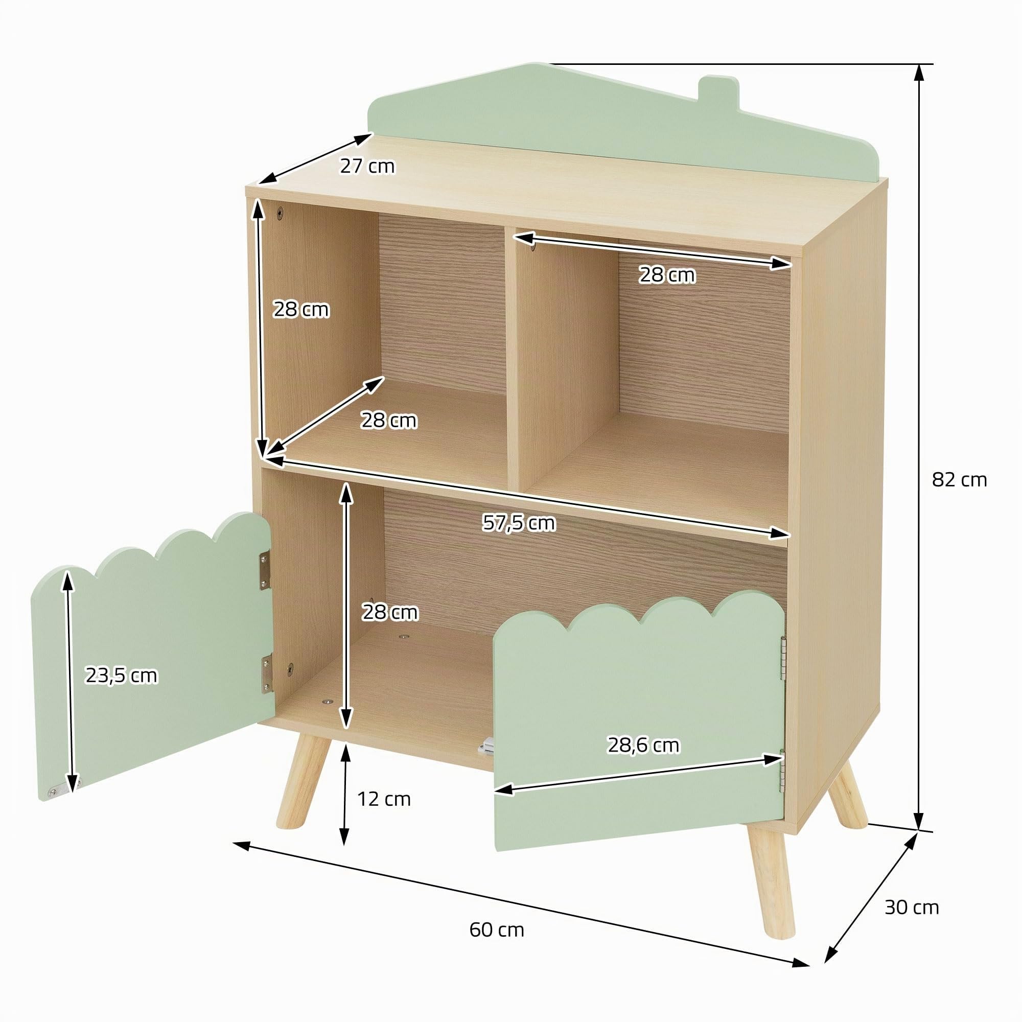 Joyz Etagère pour Enfants avec 3 Compartiments, 60x30x82 cm, Bibliothèque en Bois, Vert Naturel, Design Maison, Armoire à Jouets avec Espace de Rangement, Meubles sur Pied pour Chambre d'enfant