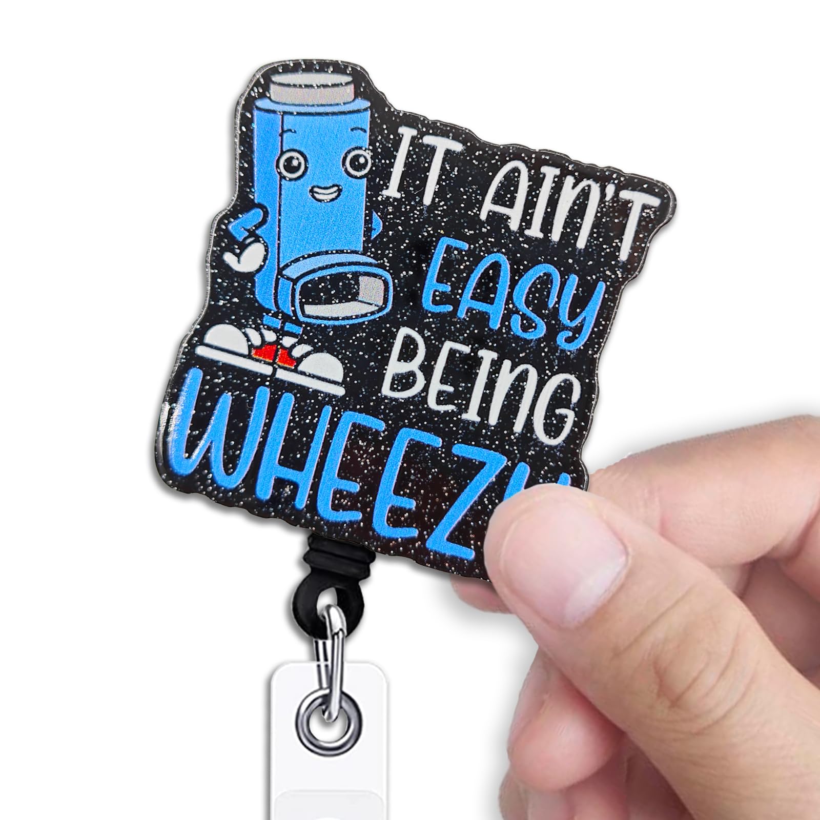 KANGYUSO Funny Nurse Retractable Badge Reel, It Ain't Easy Being Wheezy Black Glitter Badge Reel with Alligator Clip, Funny Inhaler ID Badge Holder