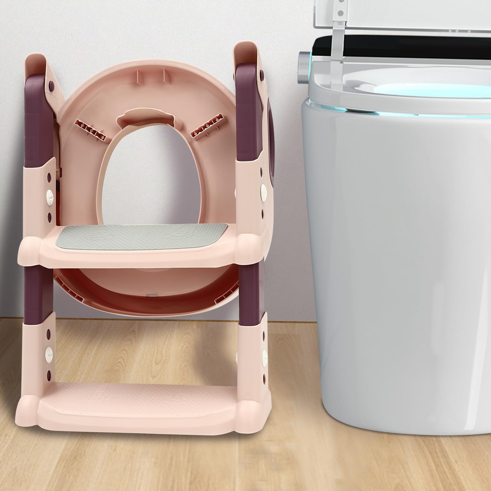 Riduttore WC 6 velocità altezza riduttore WC bambino con pedana regolabile sedile WC per bambini pieghevole rialzo WC bambino per età 2-7 anni (rosa)