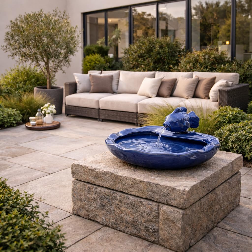 Festive Lights - 37 cm Solar-Keramik-Fischwasserspiel mit glasierter blauer Oberfläche – Gartenbrunnen für den Außenbereich, IP44 bewertet, wetterbeständig – in sich geschlossen, einfache Einrichtung,