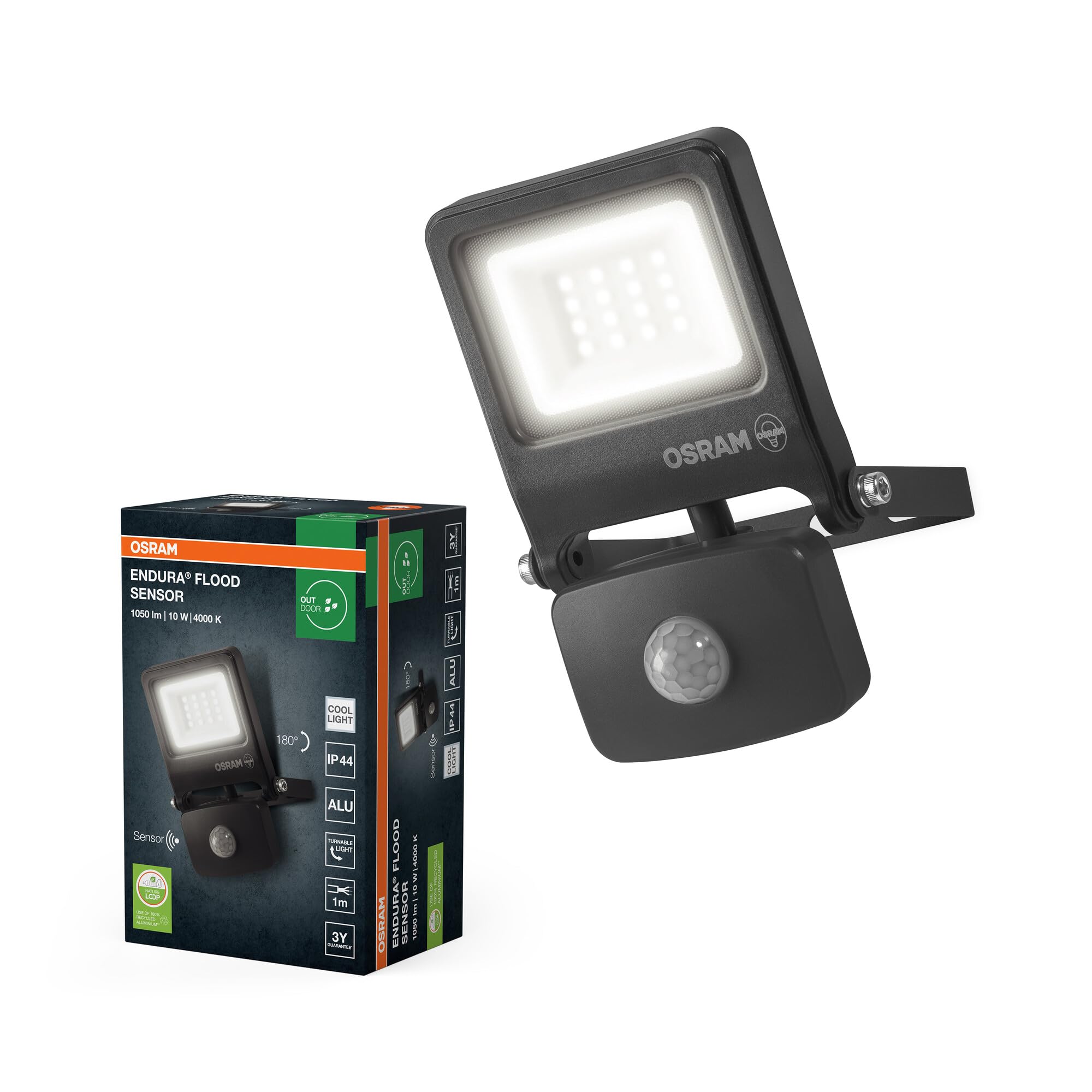Osram Projecteur Extérieur LED avec Capteur ENDURA Flood, 10W, 1000lm, | ENDURA® Flood Sensor Cool White PCR, Stand Luminaire and Ceiling Floodlight, Gris foncé, 30000 h, pack de 1