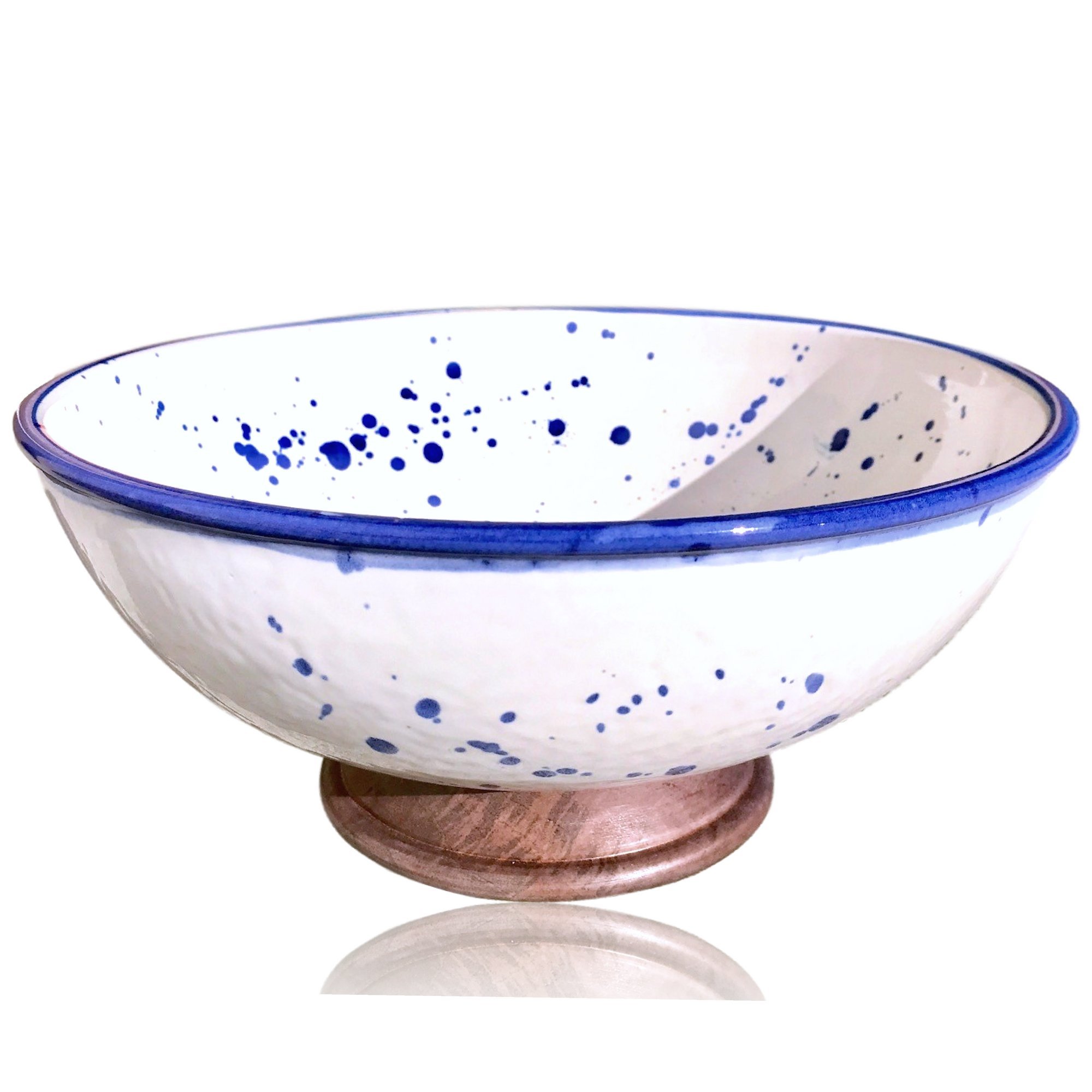 White Porcelain Bowl - Splatter Pottery & Wooden Finish | Large Handmade Kitchen Bowl for Salad, Serving, Punch, and Soup by Kauri