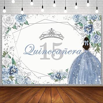 SENDY 7x5ft Quinceanera 15th Birthday Backdrop for Sweet Girl Mis Quince Anos 15th Birthday Party Decorations Blue Silver Glitter Diamond Floral Crown Banner Photography Background Cake Table Prop