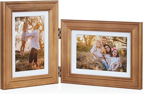 Portarretratos de madera doble con bisagras de 5 x 7 pulgadas, vertical y horizontal, en veta de madera envejecida, pantalla de 4 x 6 pulgadas con