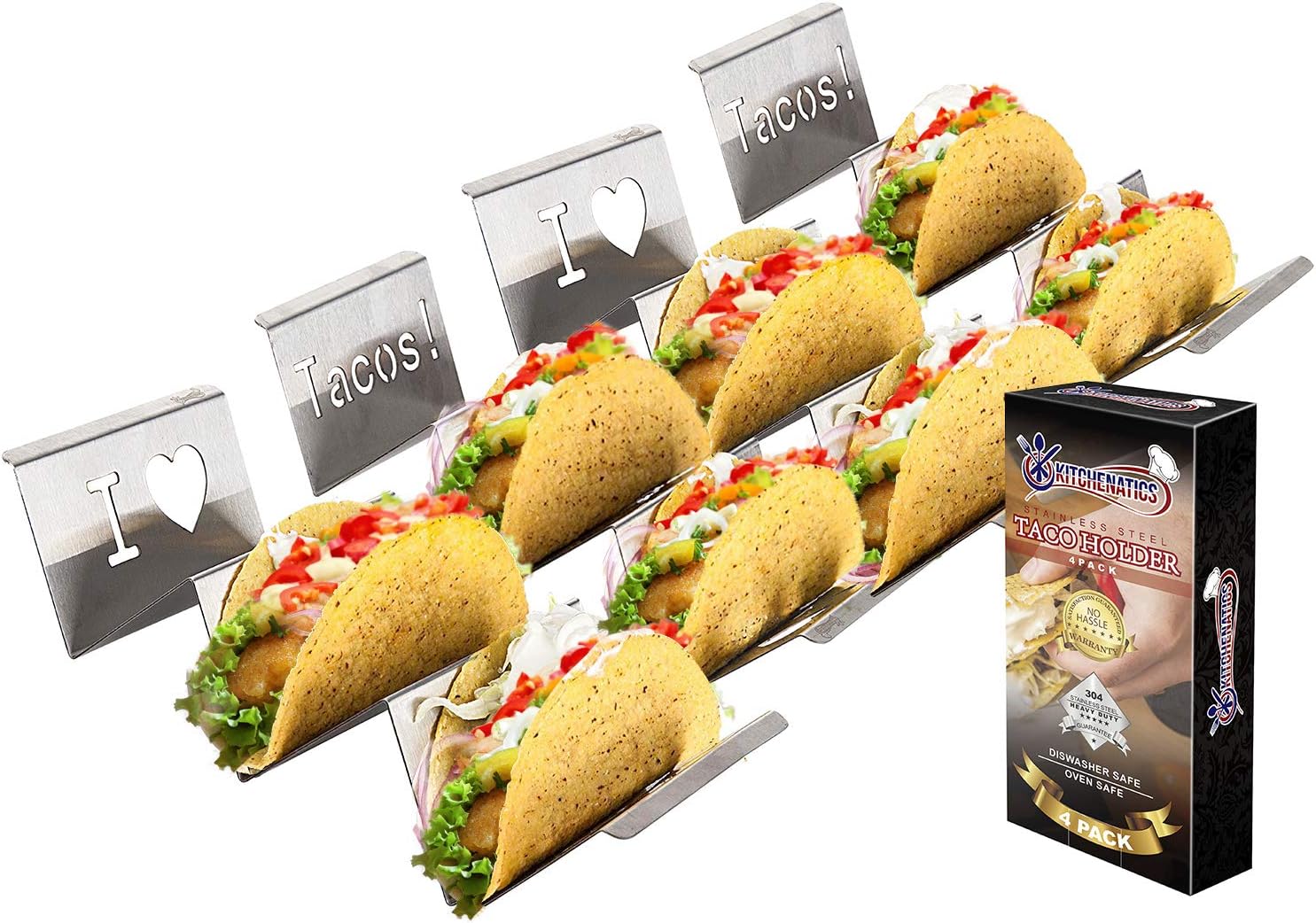 KITCHENATICS Stainless Steel Taco Tray Holders for Serving Up Soft & Hard Shell Food Truck Style Tacos Trays Great for Kids or Parties (4 Pack) - Hold 2-3