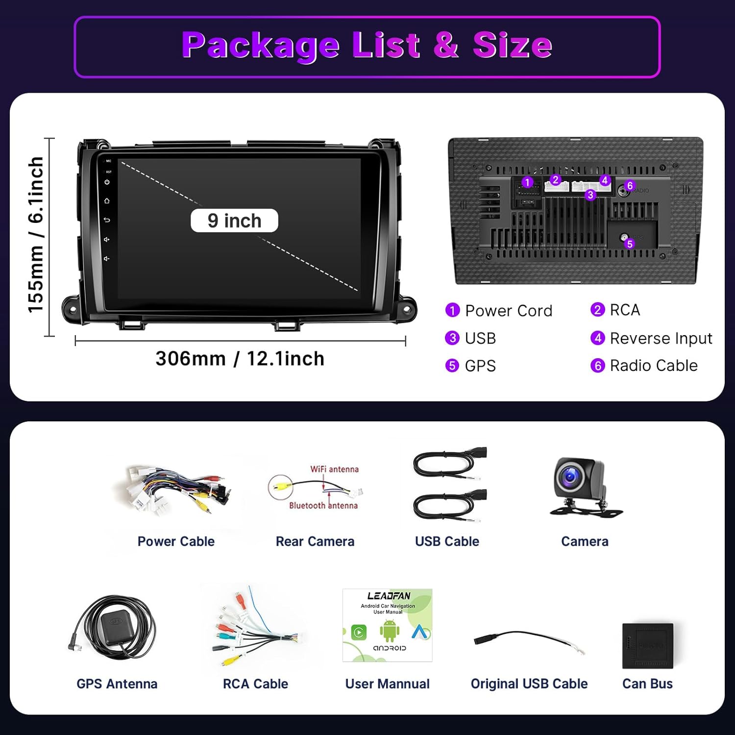 Contents of the Leadfan Android 12 Car Radio package, including the head unit, cables, and accessories.