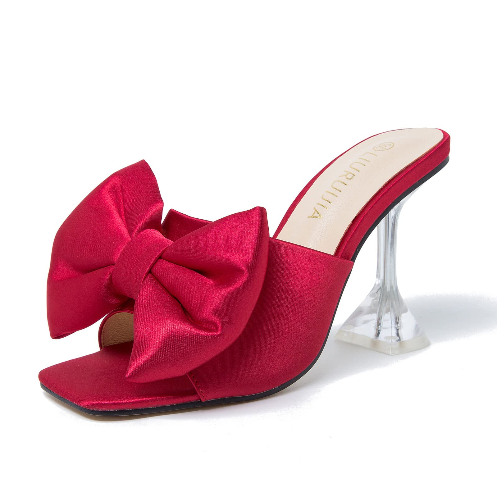 LIURUIJIA Women's Square Open Toe Bow Heels Slip On Heeled Sandals Satin Mules, Wedding Bridal Prom Dress Shoes for Evening Party