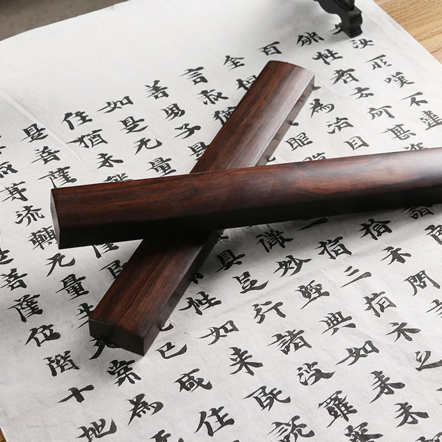 Wooden Chinese Calligraphy Paperweight - Antique Solid Wood Town Ruler Set