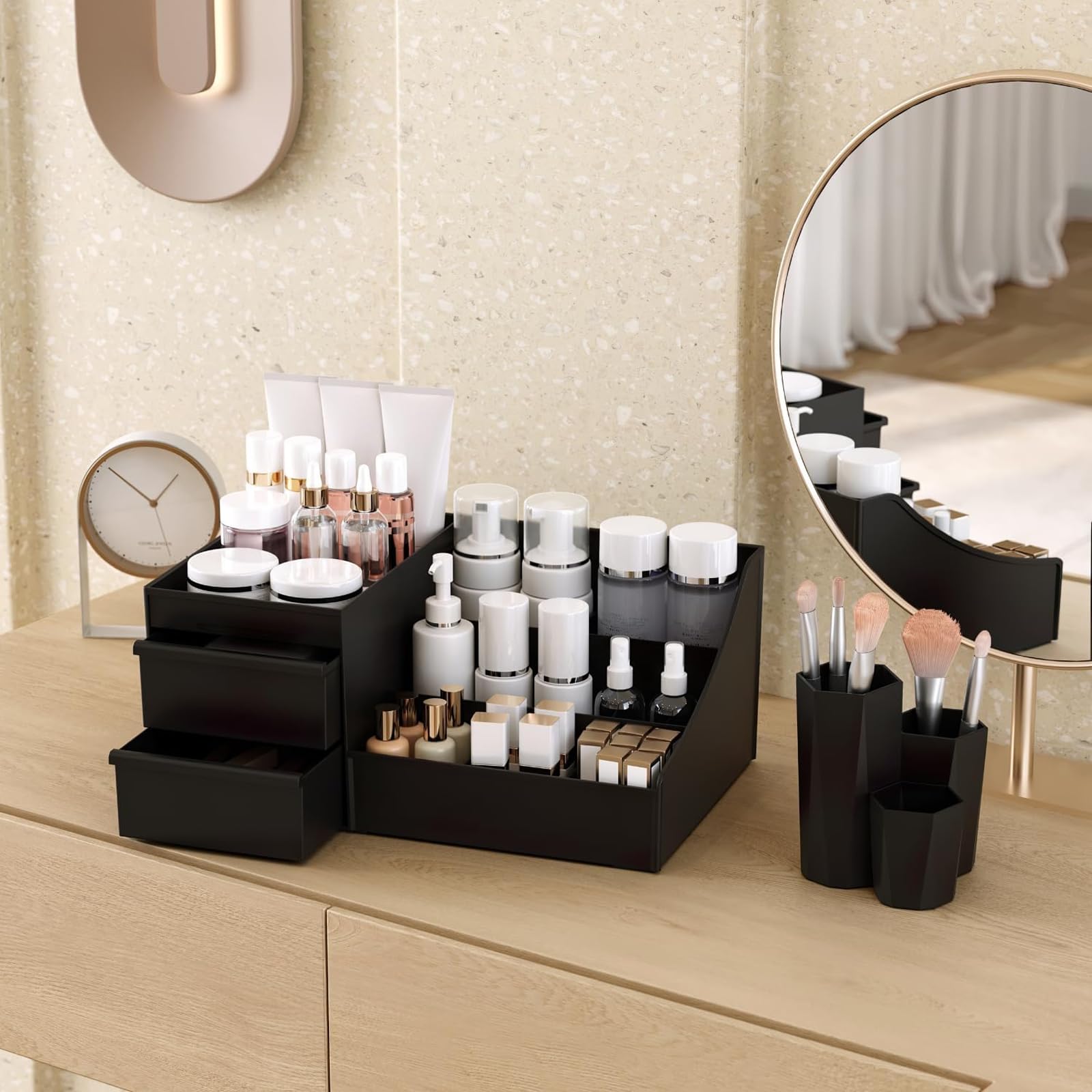 Make up Organizer con Cassetti, Portatrucchi Bagno per Makeup, Skincare, Profumi - Cassettiera Trucchi, Organizzatore Trucchi per Camera Toeletta, Regalo per Uomo (Nero)