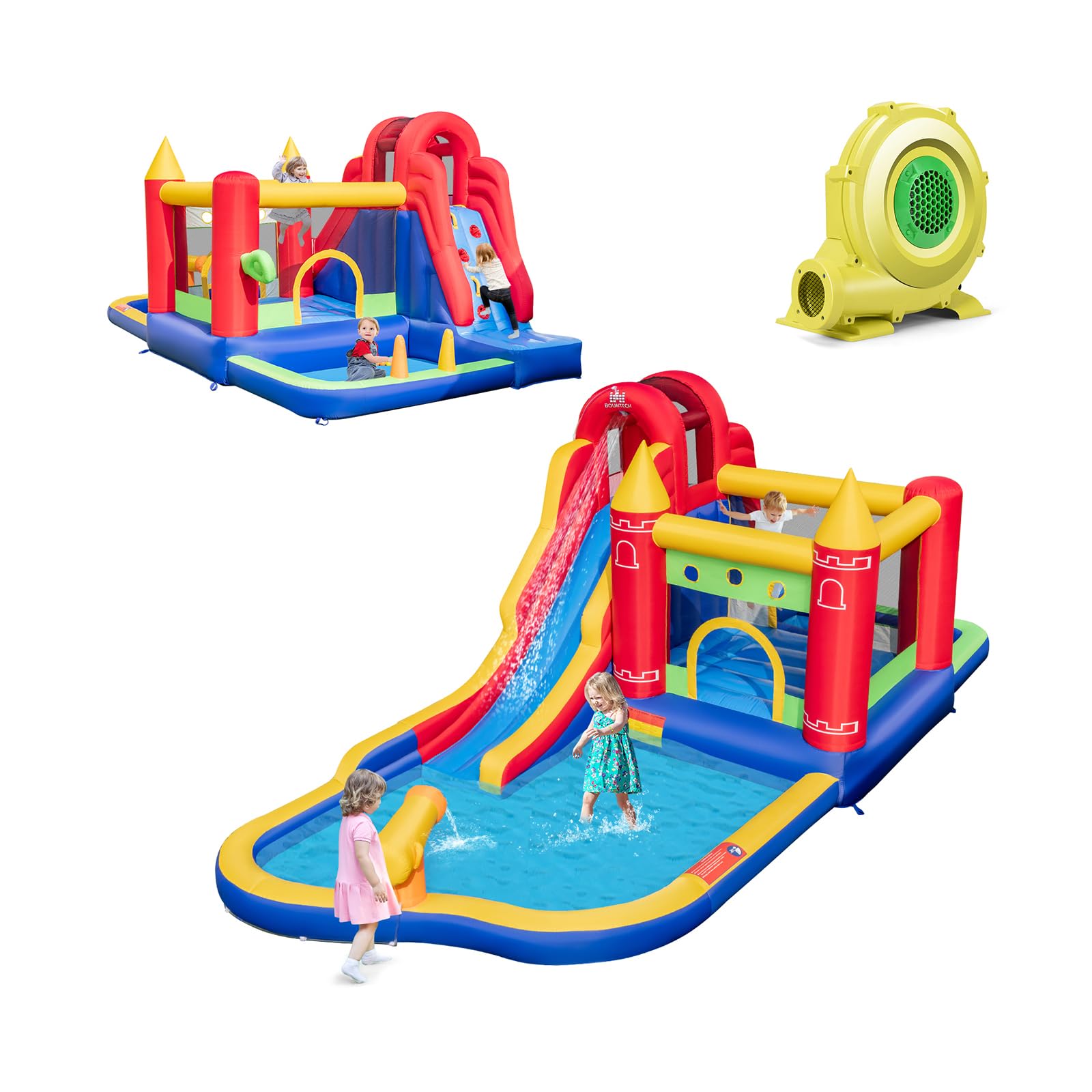 Inflatable Water Park with Waterslide, Multifunctional Bouncy House with Water Cannon & Splash Pool, Kids Backyard Bouncer for Yard Garden Party (with 735W Blower)