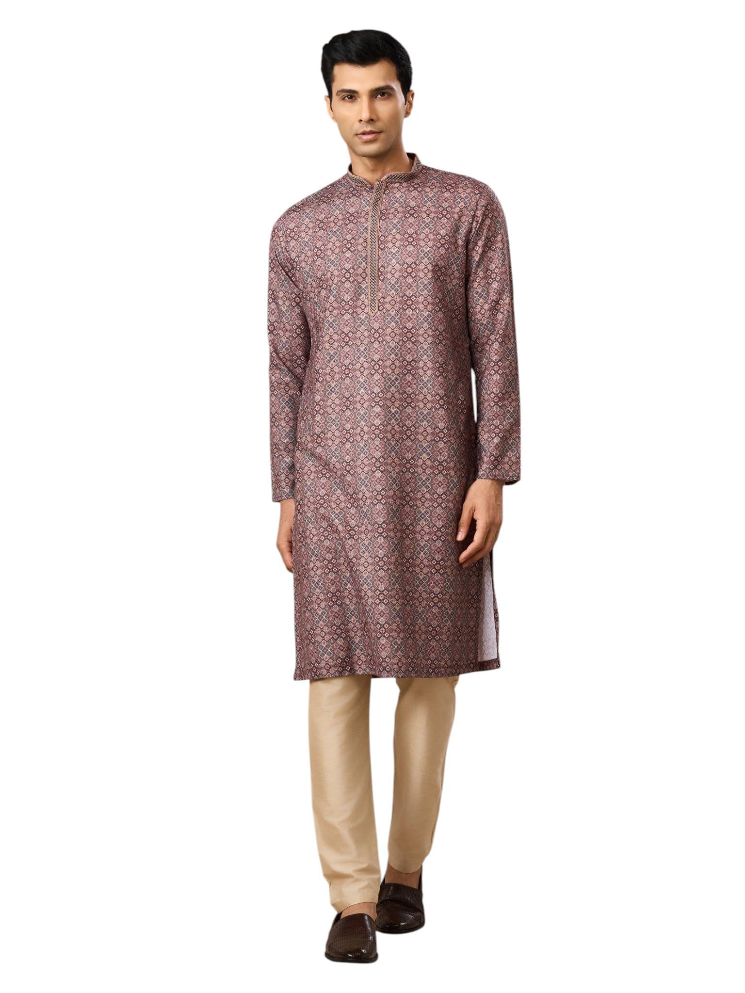 manyavar Men's Blended Cotton Printed Knee-Length Kurta Pyjama Set (2pcs)-picture-40