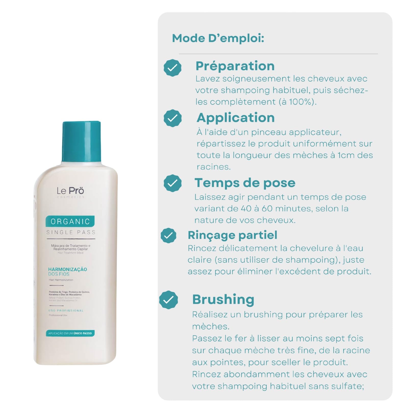 Soin Lissant Le Pro Organic Single Pass - Lissage Brésilien - Sans Formol Sans acide glyoxylique aux actifs naturels - Lissage proteine - Convient femmes enceintes et enfants - 300ml