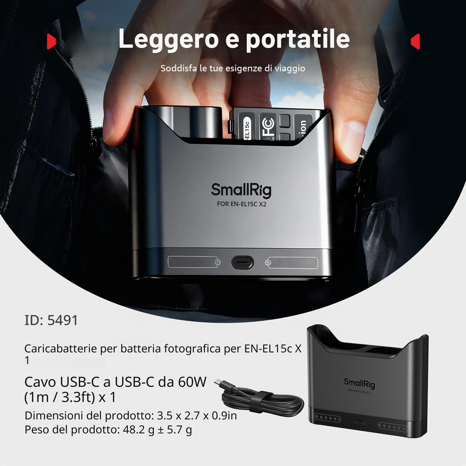 SMALLRIG Caricabatterie EN-EL15c per Nikon, caricabatteria doppio slot da 2 ore, porta USB-C da 22,5 W, per Nikon ZR, Z6III, Zf, Z8, Z7II, Z7, Z6II, Z6, D850, D810, D780, D750, D500, D7500, D7200-5491
