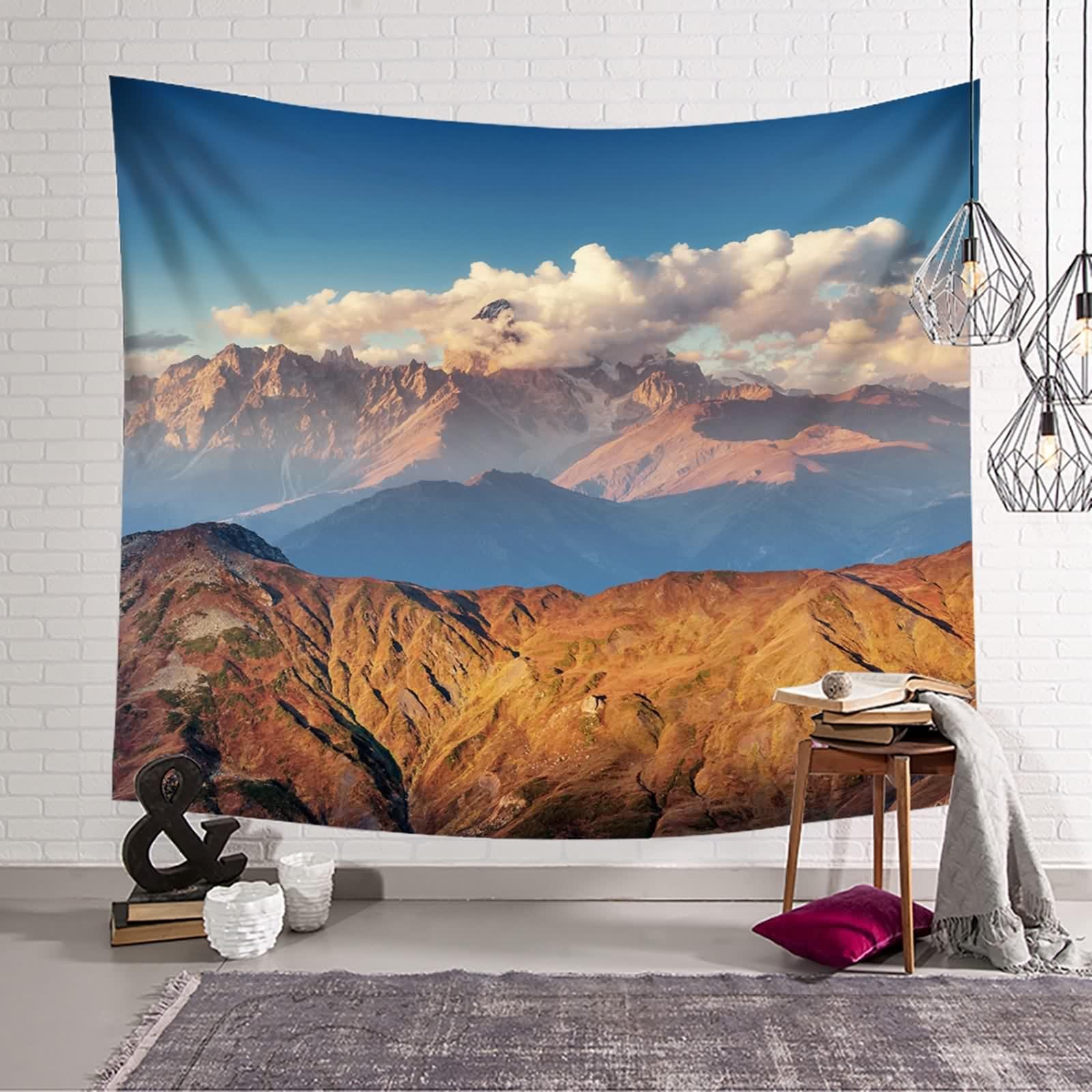 Tolldek Dywan ścienny, brązowy, niebieski, 300 x 256 cm, naturalny krajobraz, chusta na ścianę, górska, gobeliny, dekoracja ścienna do salonu