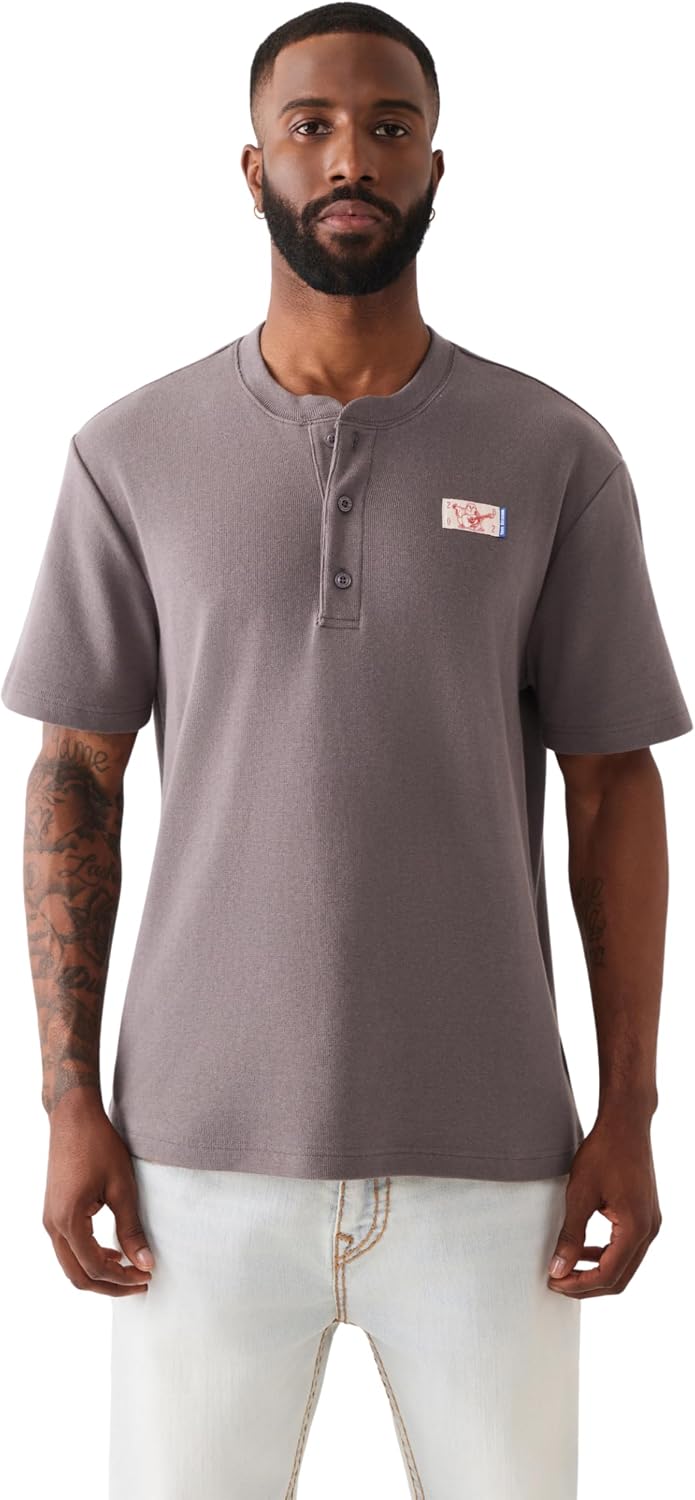 True Religion Men’s Short Sleeve Buddha Knit Henley – 100% Cotton, Lightweight Feel, Comfortable Fit