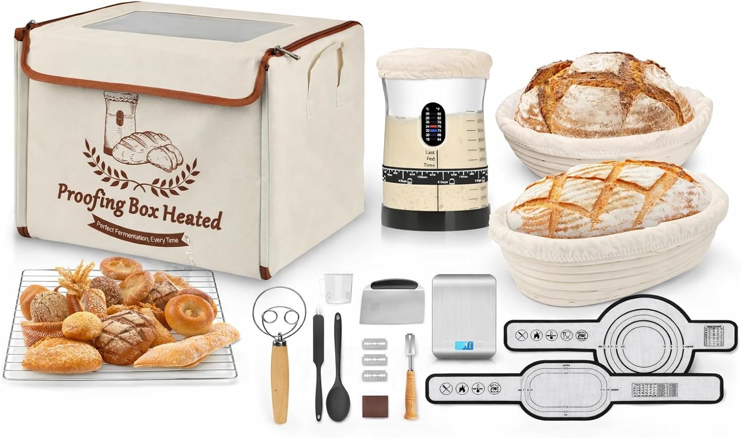 Folding Bread Proofing Box with Window & 50oz Sourdough Starter Kit Bundle - Precise Temp Control (55–133°F) Fermentation Warmer & Large Glass Jar Set with 17 Recipes, Supplies for Professional Baking