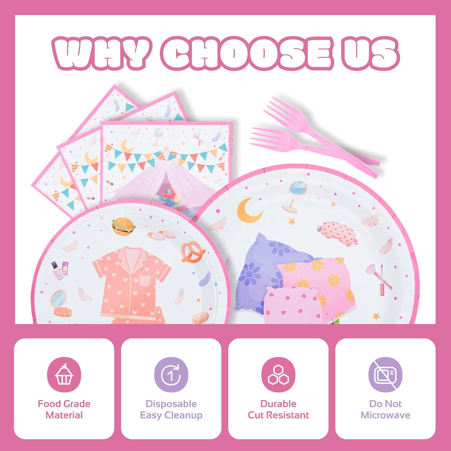 Pajama Party Decorations - Girls Sleepover Party Tableware Set Includes Plates, Forks, Napkins, For Pajamas Themed Slumber Party Decor Supplies | Serve 24