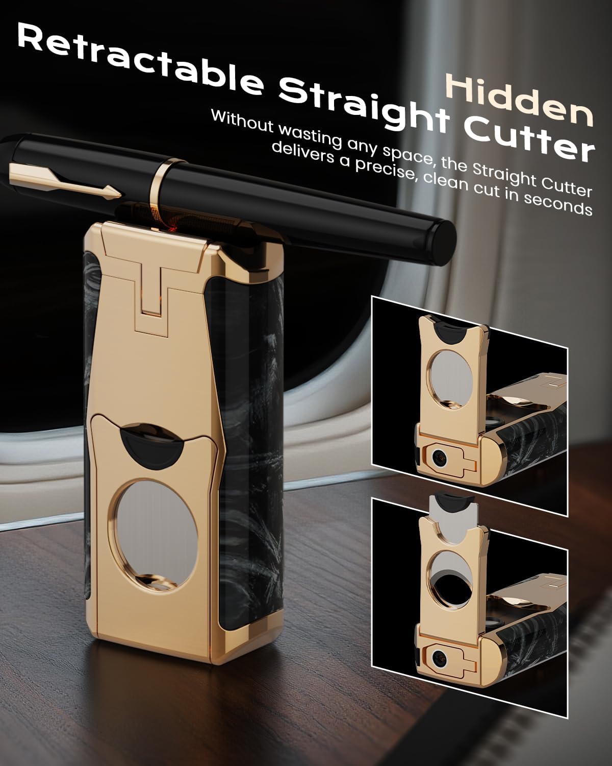 5-in-1 Windproof Torch Lighter Adjustable Triple Jet Flame with Straight Cutter Holder Punch Draw Enhancer Butane Refillable Cigar Lighter Gift Box for Outdoor Travel Candles Men