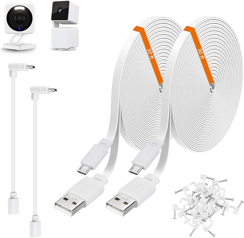 2-Pack 30ft Power Extension Cable for Wyze Cam v4, Pan v3, v3 Pro, White | 9m Long Flat USB to Micro USB Charging Cord with L-Shaped Adapter for Wyze OG & v3 Security Cameras