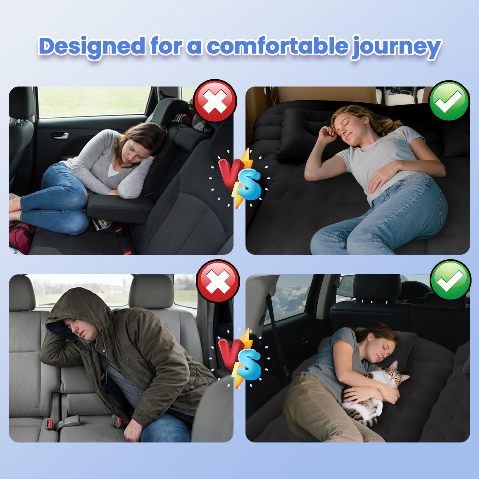 Colchón para Coche Hinchable Impermeable SUV con Bomba de Aire 12V y 3 Adaptadores Negro