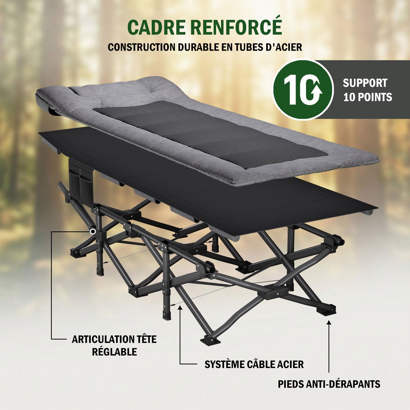 Lit de Camping Pliable pour Adultes avec Matelas, Lit de Sieste Portable Réglable, Charge Maximale 200kg – Inclut Sacoche de Transport, Gris