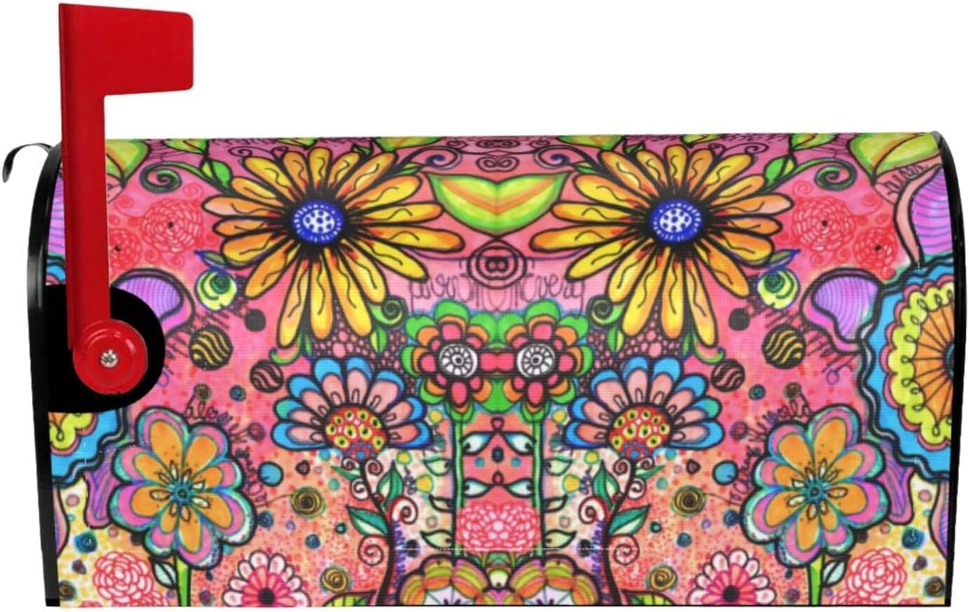Hippie Art Spring Flowers Mailbox Cover Magnetic Waterproof Mail Wraps Post Letter Box Covers for Outdoor Garden Use 21x18 in