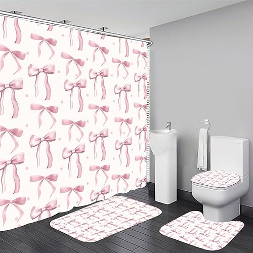 AZHM 4Pcs Pink Shower Curtain Set Cute Bathroom Sets with Shower Curtain and Rugs and Accessories Aesthetic Bathroom Decor Set with 12 Hooks