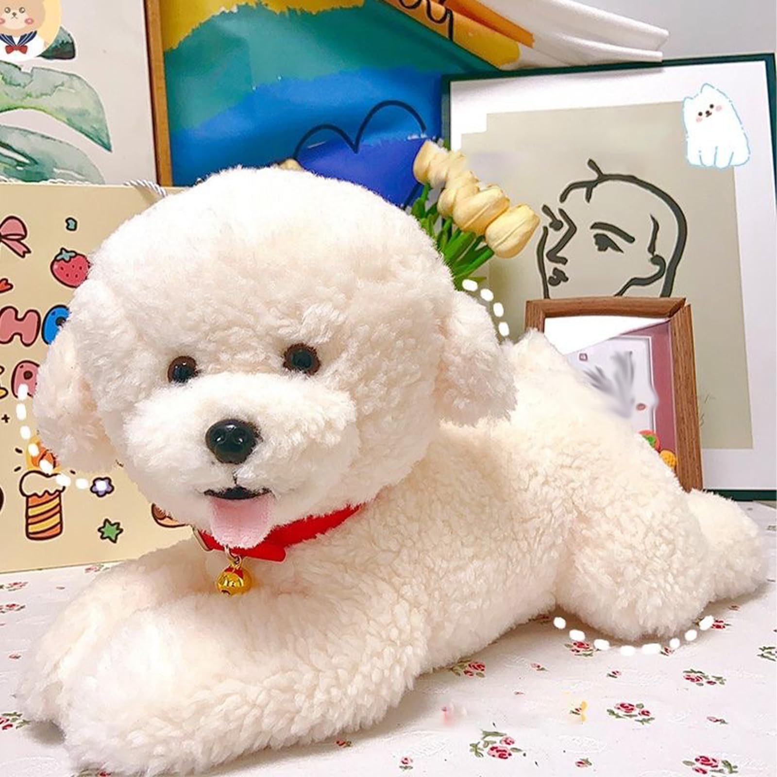 JORCEDI Dog Teddy Plush, Fluffy Bichon Frise Soft Toy, Simulated Animal Cuddly Toys, Doll Gift for Boy, Girl, Adult (lie down-45cm/17.72inch)