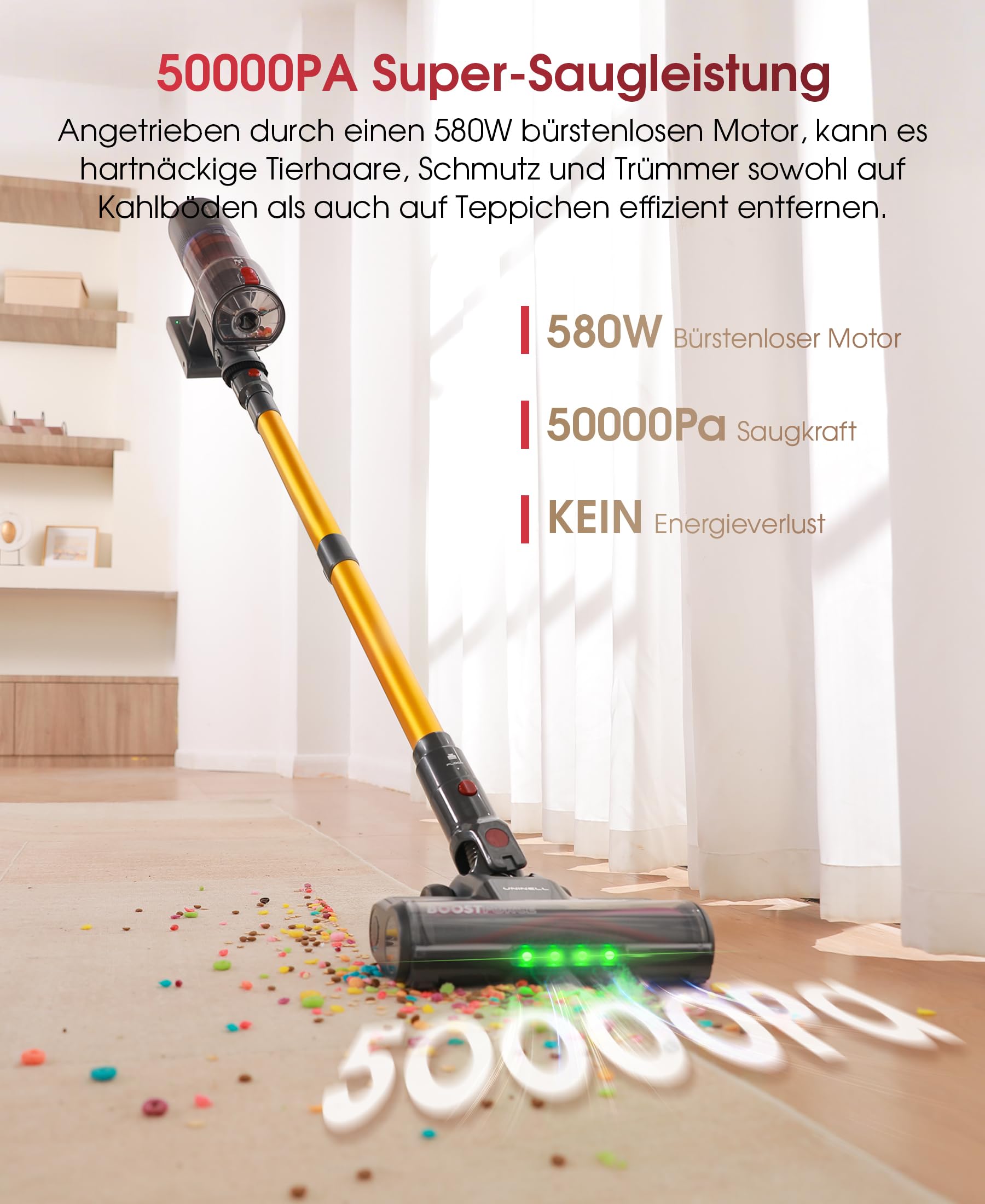 UNINELL HOME Akku Staubsauger 50000Pa/580W/70Min, Staubsauger Kabellos Selbstladender mit LED Touchscreen/Anti-Tangle-Bürste, Super Leise akkustaubsauger, für Hartböden Teppiche Tierhaare