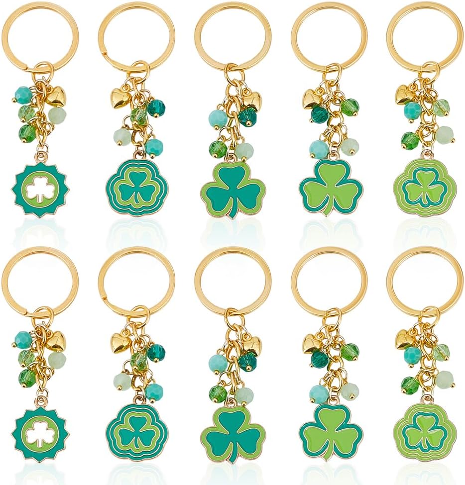 10 Pcs Four Leaf Clover Keychains Green Shamrock Key Ring Crystal 4 Leaf Clovers Charm Cloverleaf Pendant St. Patricks Day Accessories for Women Purse, Handbag, Bag Decoration