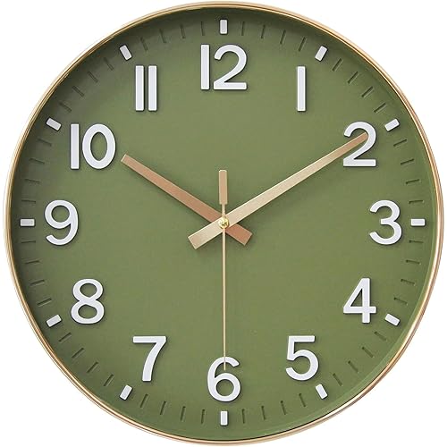 HZDHCLH Wall Clocks Battery Operated,12 inch Silent Non Ticking Modern Wall Clock for Living Room Bedroom Kitchen Office Classroom Decor (Olive Green and Gold)